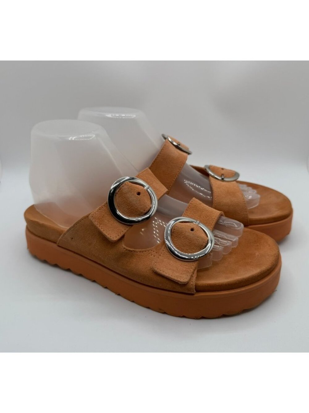 Schutz Slip-On Buckle Sandals Women Size 7.5B Orange Suede Platform Casual Shoes